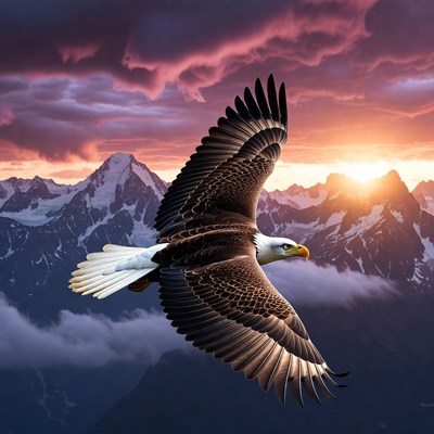 Bald eagle flying over snowy mountains