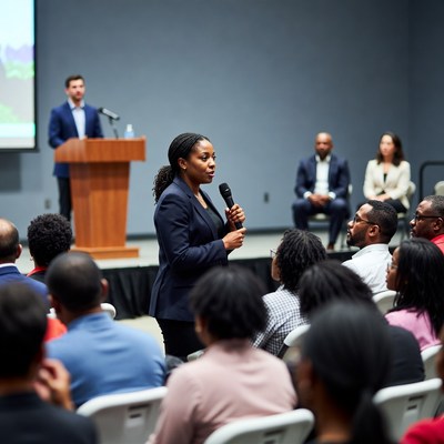 African-American woman speaking at podium