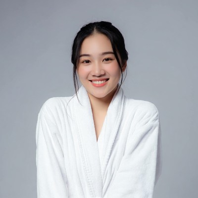 Asian woman smiling in white bathrobe