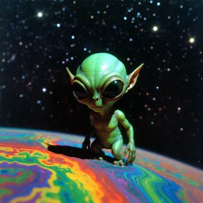 Cute green alien on colorful planet