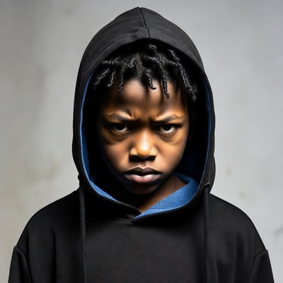 African boy in hoodie with angry glare