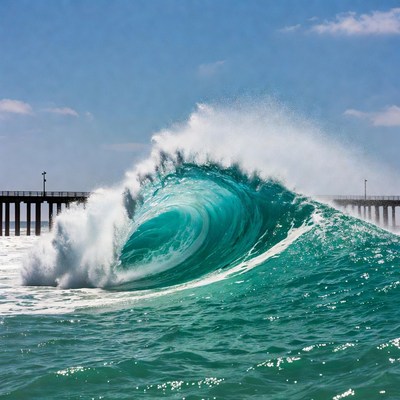 Massive turquoise wave crashing near pier
