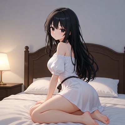 Anime girl sitting on bed