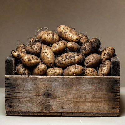 Fresh potatoes in wooden crate