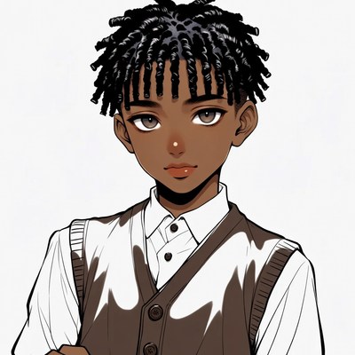 Anime boy with curly hair in vest