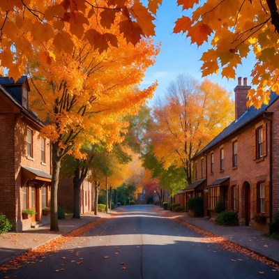 Autumn Street Lined with Orange Maple Trees