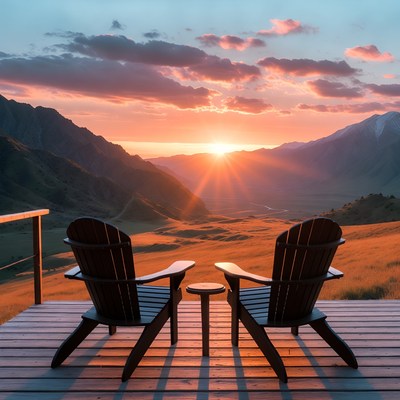 Adirondack Chairs on Deck at Mountain Sunset