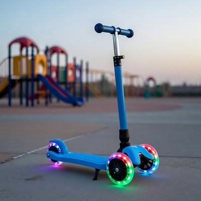 Blue three-wheeled scooter at playground