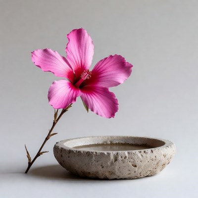 Pink Hibiscus Flower in Stone Bowl