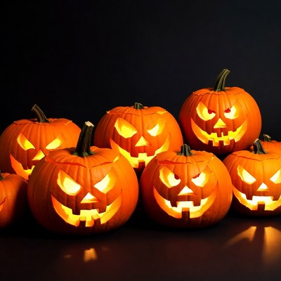 Jack-o-lantern pumpkins on black background