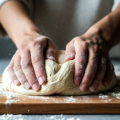 Hands kneading dough on wooden board