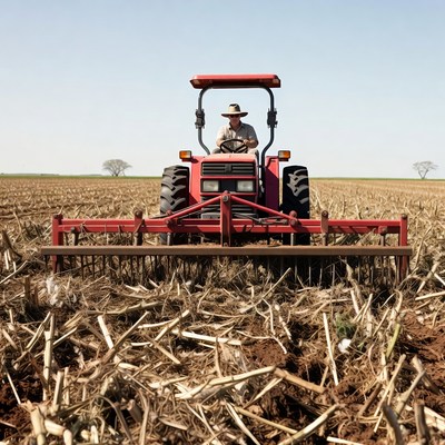 Farmer driving red tractor in field