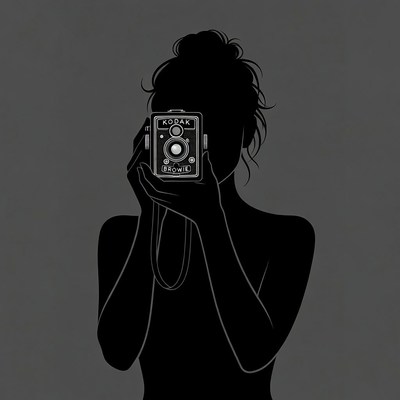 Silhouette woman holding vintage Kodak camera