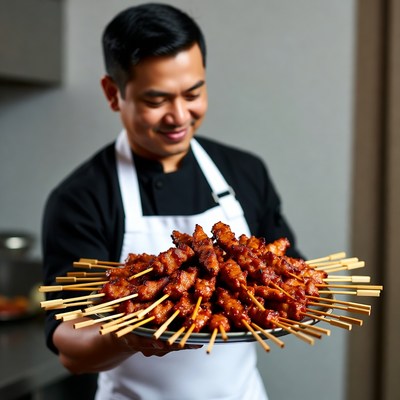 Asian chef holding satay skewers
