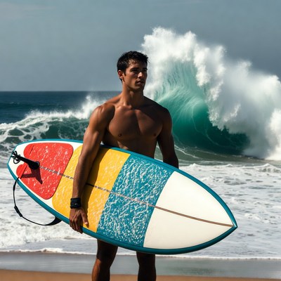Muscular man holding surfboard at beach