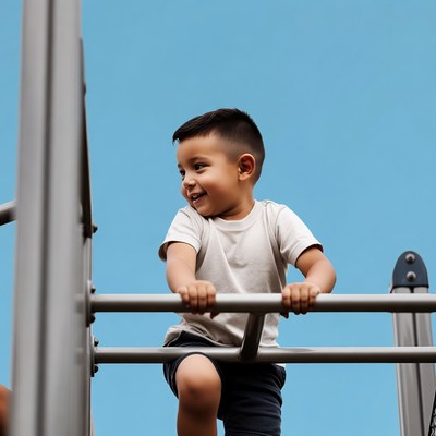 Toddler boy climbing playground bars