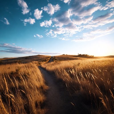 Path through golden grass field sunset