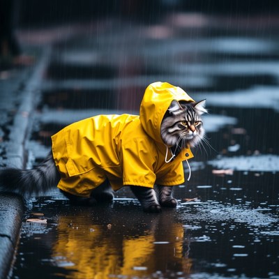 Cat Wearing Yellow Raincoat in Rain
