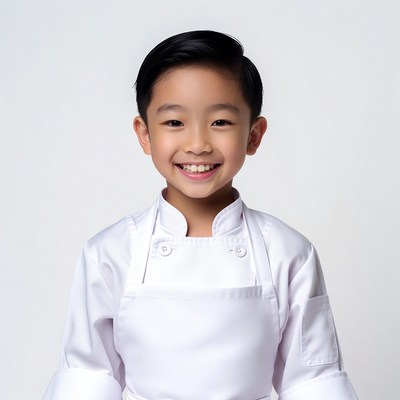 Asian boy in white chef uniform