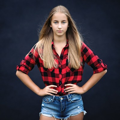 Teen girl in plaid shirt and shorts