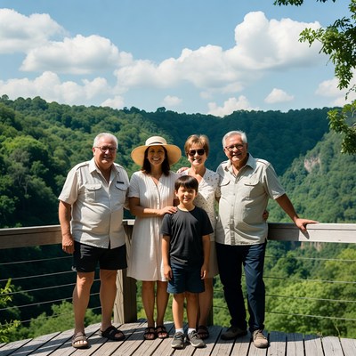 Family posing on wooden overlook with valley view