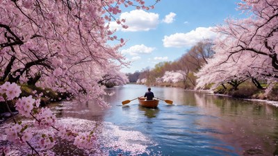 Man rowing canoe under cherry blossoms