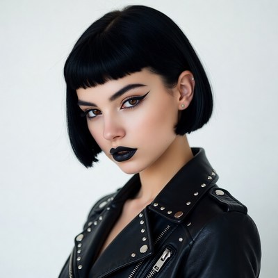 Woman with bob haircut in leather jacket