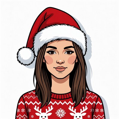 Woman wearing Santa hat and reindeer sweater