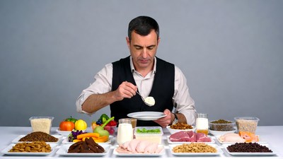 Man eating at healthy food table