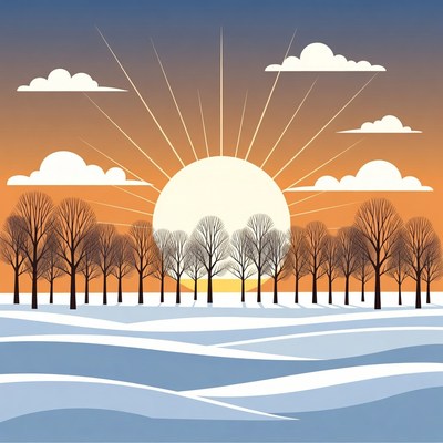 Sunrise Over Snowy Trees Illustration