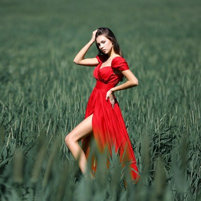 Woman in red dress in green field