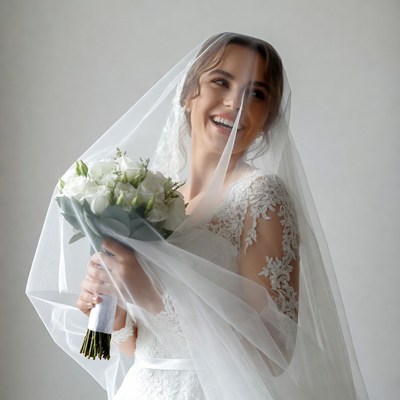 Bride holding white bouquet veil