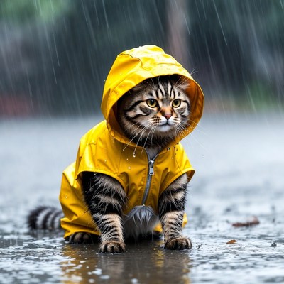 Kitten in yellow raincoat during rain