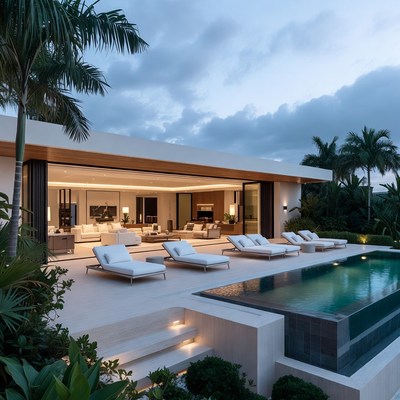 Modern Tropical Pool House at Dusk