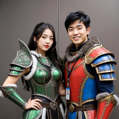 Asian Cosplay Couple in Green Red Armor