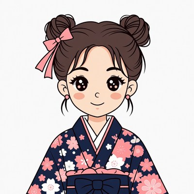 Anime girl in pink cherry blossom kimono