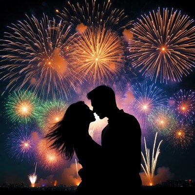 Silhouette couple kissing amid fireworks
