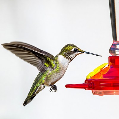 Hummingbird feeding at red feeder