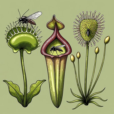 Carnivorous Plants Trapping Flies Illustration