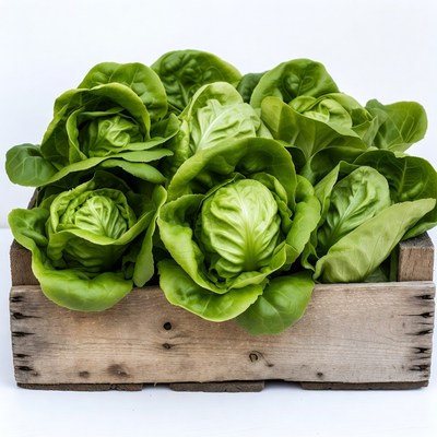 Fresh green lettuce in wooden crate