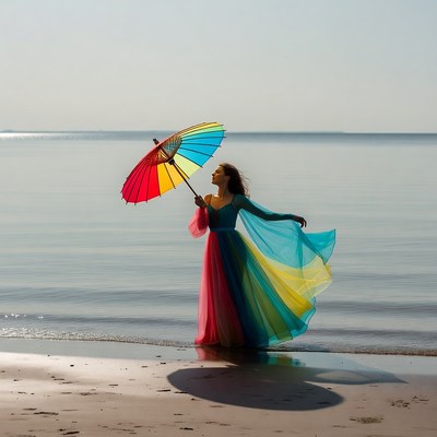 Woman holding rainbow umbrella on beach