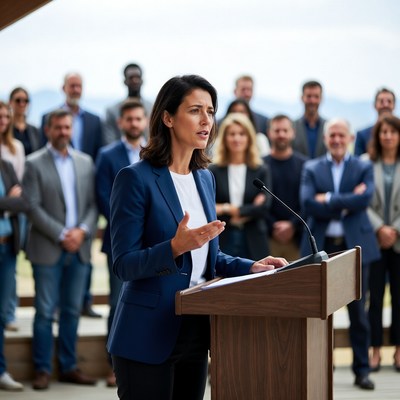 Woman speaking at podium with crowd