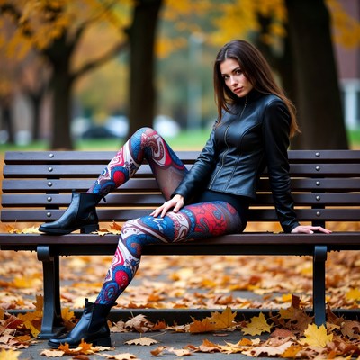 Woman in patterned leggings on park bench