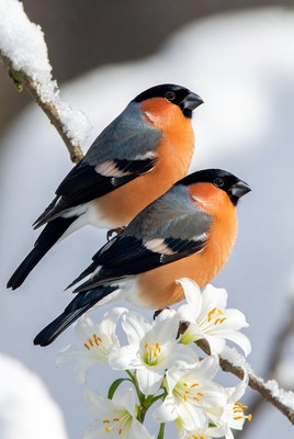 Two Bullfinches on Snowy Branch with Lilies