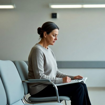 Woman writing on clipboard in waiting room