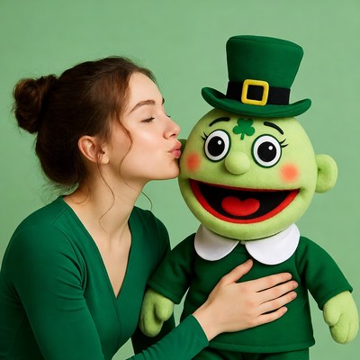 Woman kissing green leprechaun puppet