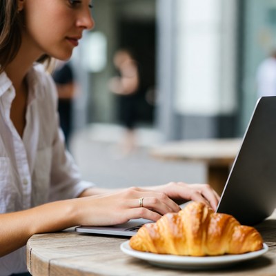 Woman typing on laptop with croissant