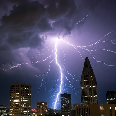 Lightning Storm Over City Skyline