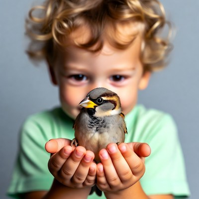 Boy holding sparrow bird
