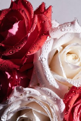 Red and White Roses with Dew Drops